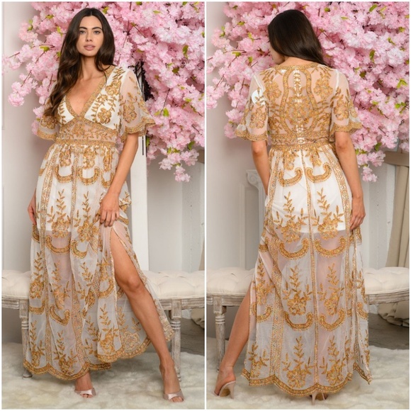 Gold & Black lace & embroidered maxi Dress - Picture 14 of 14